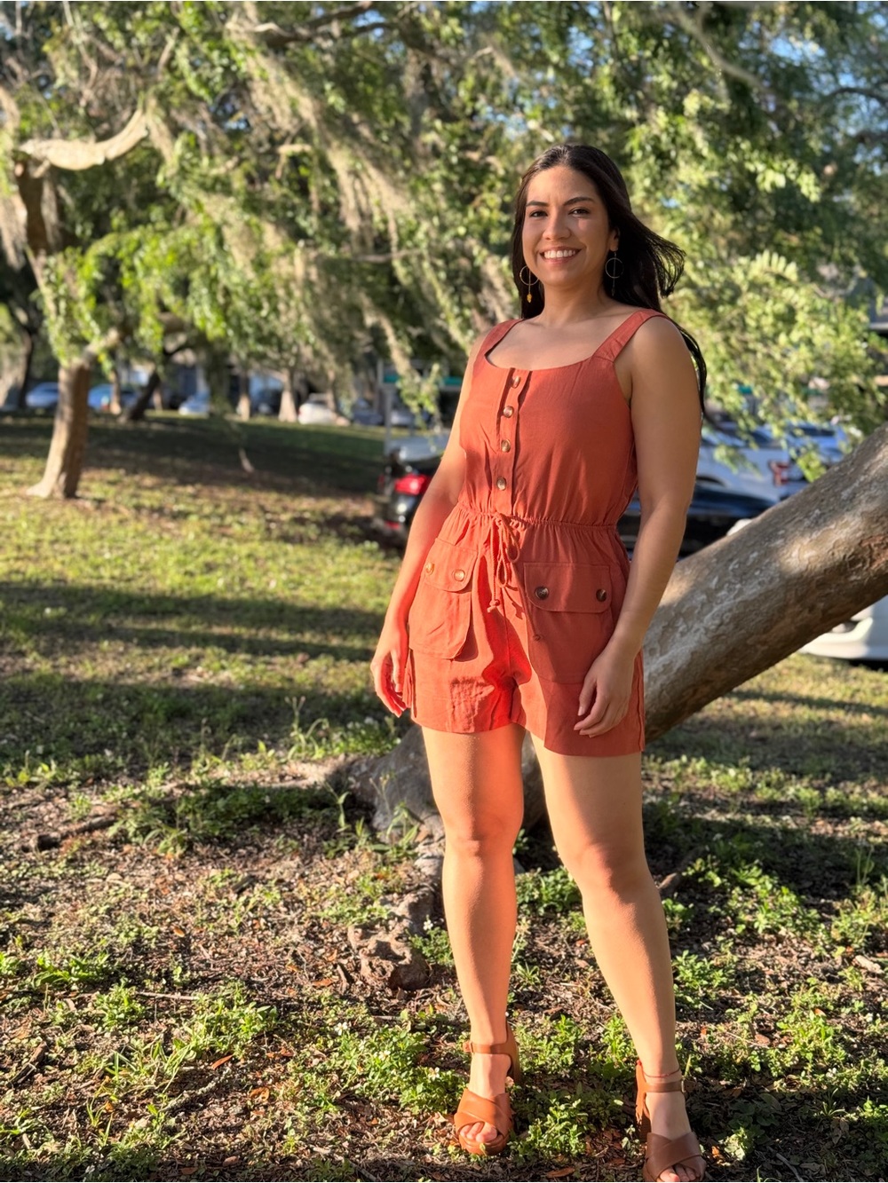 Sleeveless Rust Button-Front Romper - Picture 2 of 6